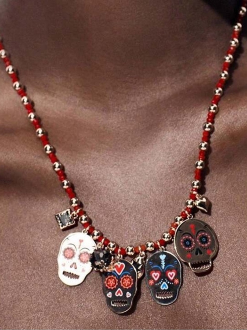 Zara Red-Beaded Multicolor Sugar Skull Necklace